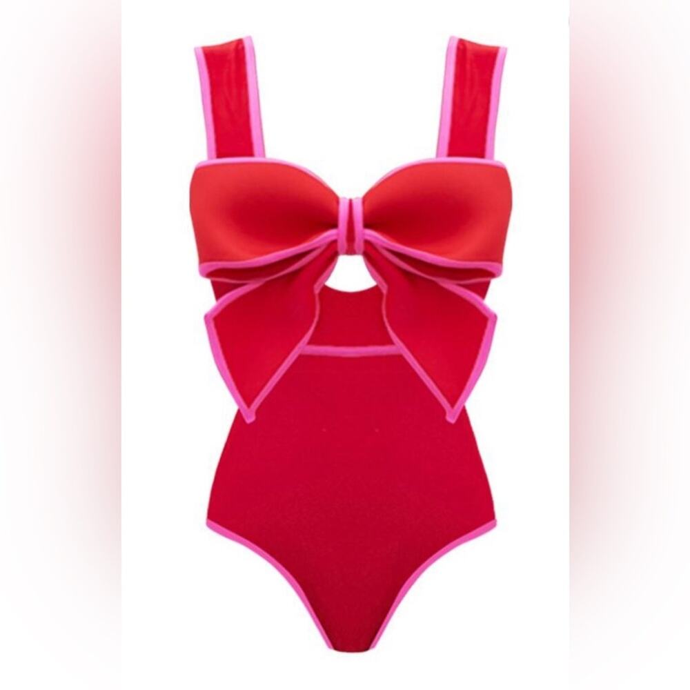 NEW FLAXMAKER Bow Front Cut Out Color Block One Piece Swimsuit Medium Red Pink